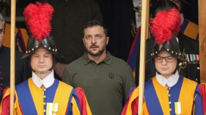 Ukraine's President Volodymyr Zelenskyy leaves at the end of a private meeting with Pope Francis, at the Vatican, Friday, Oct. 11, 2024. (AP Photo/Andrew Medichini)