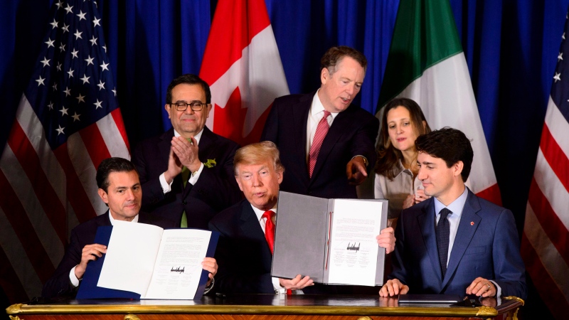 Prime Minister Justin Trudeau, then-U.S. president Donald Trump, and then-president of Mexico Enrique Pena Nieto at a signing ceremony for the United States-Mexico-Canada Agreement in Buenos Aires, Argentina, Friday, Nov. 30, 2018. THE CANADIAN PRESS/Sean Kilpatrick