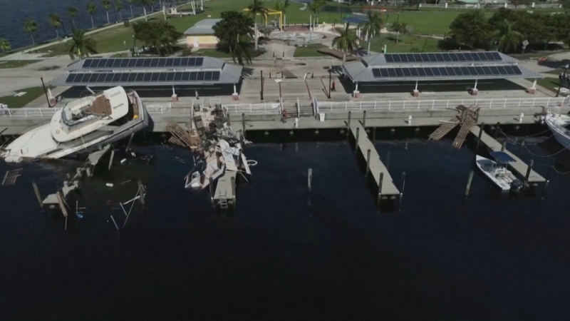 Devastation from hurricanes Helene and Milton is seen at a marina in Florida.