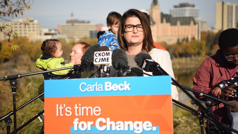 NDP leader Carla Beck in Saskatoon announcing her party's $3.6 billion campaign platform on Oct. 11, 2024. (Chad Hills / CTV News)