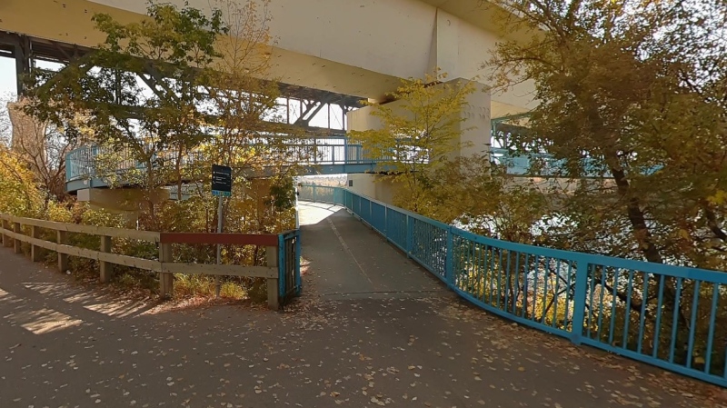 The entrance to the Dudley B. Menzies Bridge can be seen from the north side of the North Saskatchewan River in this Google image from October 2022. (Google Street View/Eugene Chen)