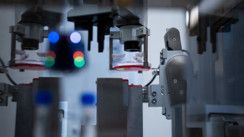 A petri plate is seen being scanned and lifted by a robot at St. Paul's Hospital in Vancouver on Tuesday, January 23, 2024. THE CANADIAN PRESS/Ethan Cairns