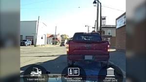 Ontario Provincial Police stopped a vehicle on George Street in Hearst, Ont., on the morning of October 10, 2024, for a traffic violation. (Ontario Provincial Police/X)