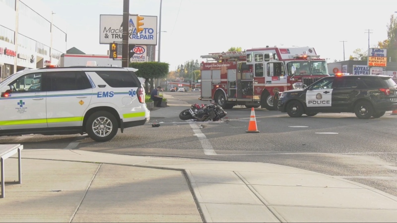 Emergency crews respond to a Calgary motorcycle crash on Sunday, Oct. 13, 2024. 