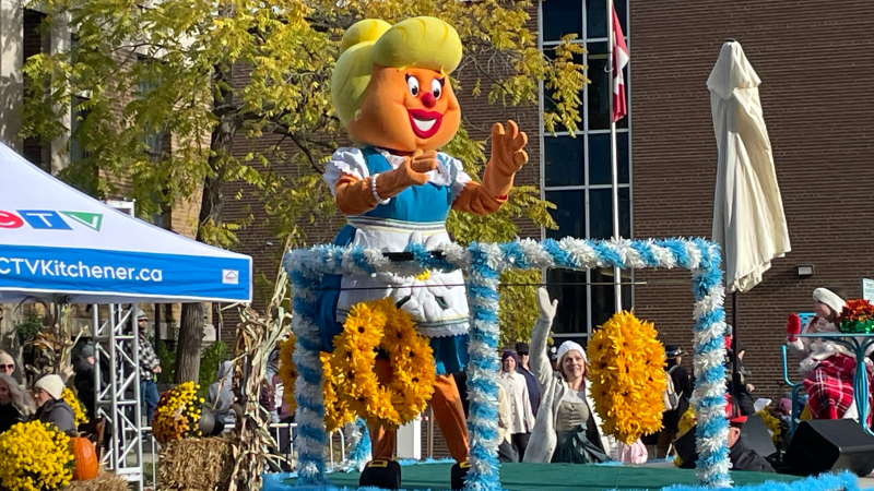 Onkel Hans’ wife Tante Frieda appears at the K-W Oktoberfest Thanksgiving Day parade on Oct. 14, 2024. (Hannah Schmidt/CTV News)