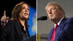 This combination photo shows Democratic presidential nominee Vice President Kamala Harris at a rally in Flint, Mich., Oct. 4, 2024, left, and Republican presidential nominee former President Donald Trump at a campaign rally in Walker, Mich., Sept. 27, 2024. (AP Photo)
