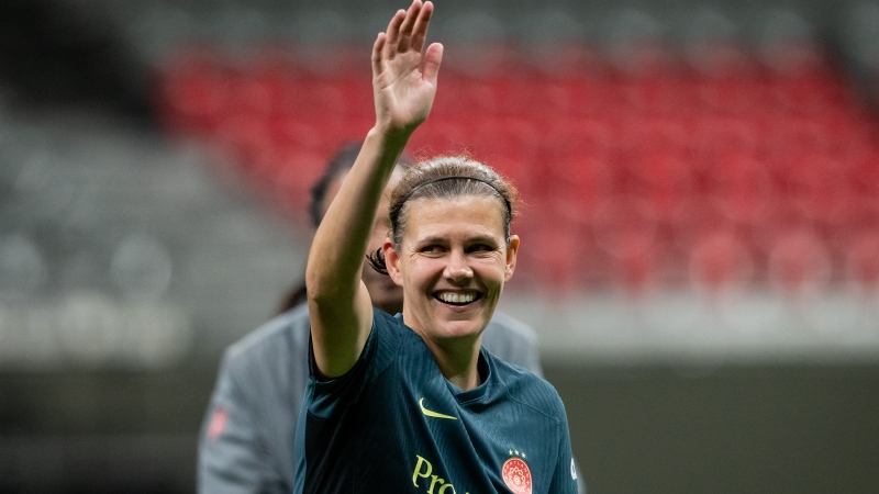 Christine Sinclair waves to fans at B.C. Place in Vancouver, on Tuesday, October 15, 2024. THE CANADIAN PRESS/Ethan Cairns