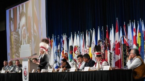 National Chief Cindy Woodhouse Nepinak addresses the Assembly of First Nations annual general assembly in Montreal on July 9, 2024. (Christinne Muschi / The Canadian Press)