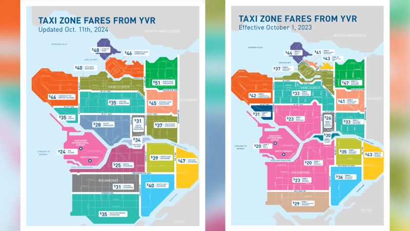 Updated and previous flat-rate taxi zone fares for passengers leaving YVR airport are seen in images from the Vancouver Airport Authority. 