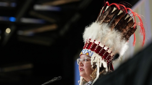 National Chief Cindy Woodhouse Nepinak gives her opening address at the Assembly of First Nations annual general assembly in Montreal, Tuesday, July 9, 2024. THE CANADIAN PRESS/Christinne Muschi