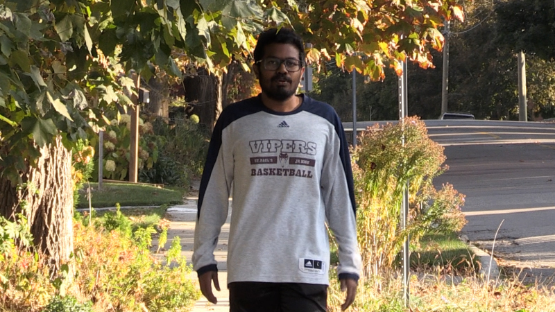 Ashwin Annamalai walking in Waterloo, Ont. on Oct. 18, 2024. (Colton Wiens/CTV News)