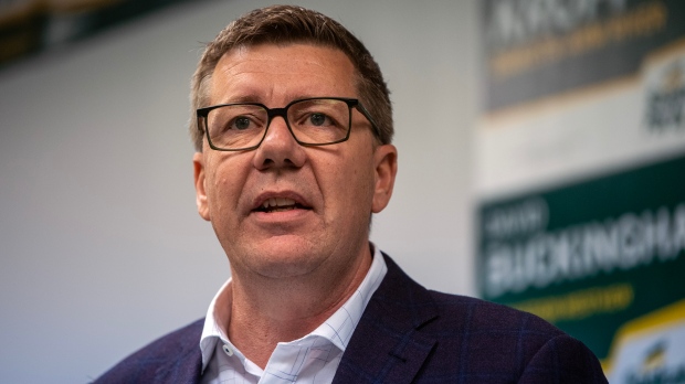 Saskatchewan Party Leader Scott Moe speaks at a media event where he released the Saskatchewan Party’s election platform in Saskatoon, Sask. on Saturday, October 12, 2024. THE CANADIAN PRESS/Liam Richards