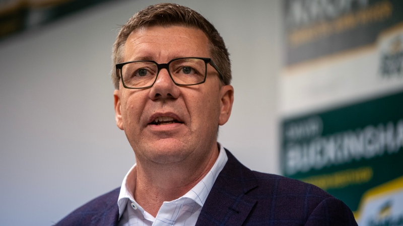 Saskatchewan Party Leader Scott Moe speaks at a media event where he released the Saskatchewan Party's election platform in Saskatoon, Sask. on Saturday, October 12, 2024. THE CANADIAN PRESS/Liam Richards