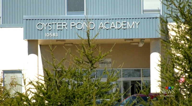 The sign over the doors at Oyster Pond Academy in Oyster Pond, N.S.