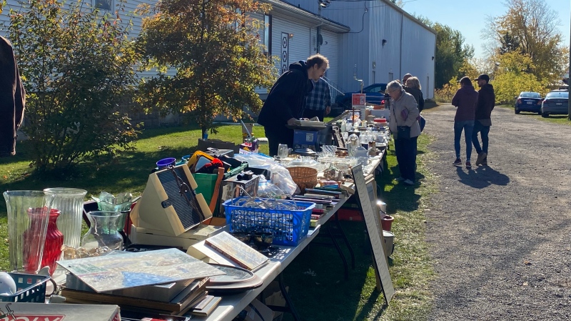 The tables at the Recollections yard sale in Salisbury on Saturday. (CTV/Alana Pickrell) 