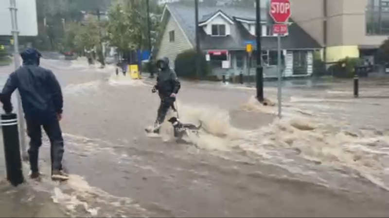 A person walks a dog across Gallant Avenue in Deep Cove as floodwater rushes down the hill toward the Indian Arm. (Skylar Gruys)