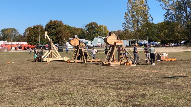 Trebuchets at the pumpkin chunking competition at ODAS Park in Severn, Ont., on Sat., Oct. 19, 2024 (CTV News/Chris Garry)