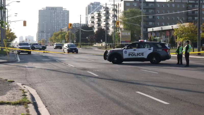 Police are on the scene of a collision in Scarborough that sent a woman to the hospital with critical injuries on Saturday, Oct. 19, 2024. (CTV Toronto)