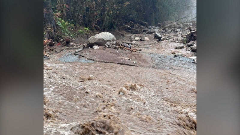 This photo, provided by Coquitlam RCMP, shows a mudslide on Oct. 19, 2024. 