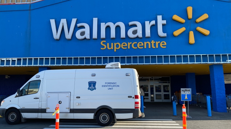 A Halifax Regional Police Forensic Identification Unit is seen outside of the Walmart on Saturday evening. (CTV/Jim Kvammen) 