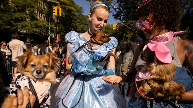 People and their dogs in costume participate in the 34th annual Tompkins Square Halloween Dog Parade, Saturday, Oct. 19, 2024, in New York. (AP Photo/Yuki Iwamura)