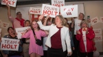 New Brunswick Liberal Leader and premier-elect Susan Holt addresses supporters at her campaign headquarters in Fredericton on Oct. 21, 2024. (THE CANADIAN PRESS/Stephen MacGillivray)