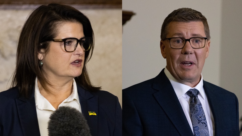 NDP Leader Carla Beck and Sask Party Leader Scott Moe speaking to reporters after the leaders debate on Oct. 16, 2024. (David Prisciak/CTV News)