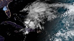 This satellite image from the U.S. National Oceanic and Atmospheric Administration taken at 6:50 a.m. EDT on Tuesday, Oct. 22, 2024, shows Tropical Storm Oscar. (NOAA)