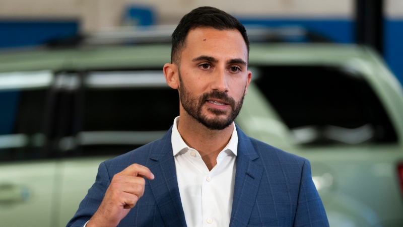 Ontario Minister of Education Stephen Lecce delivers remarks at Lakeshore Collegiate Institute in Toronto on August 31, 2023.