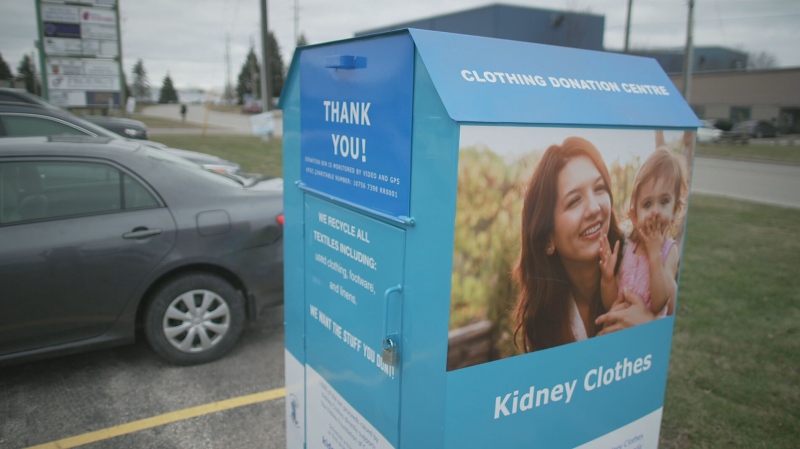 A Kidney Foundation of Canada clothing donation bin in February 2024. The charity raises about a million dollars a year from used clothing, helping fund their work supporting kidney patients (CTV W5 / Jerry Vienneau)  
