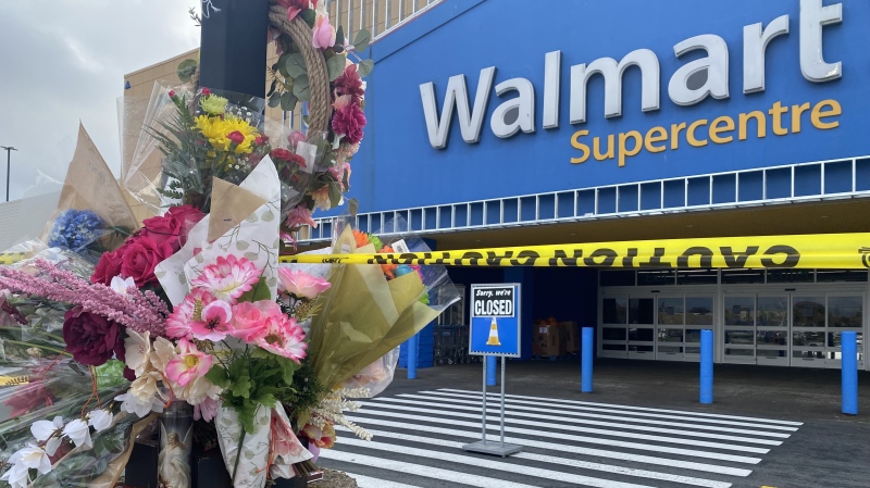 A memorial is seen outside a Walmart store in Halifax on Oct. 23, 2024. A female employee was found dead inside the store on Oct. 19, 2024. (Hafsa Arif/CTV Atlantic)