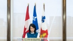 Montreal Mayor Valerie Plante pauses as she announces to the media that she will not run for a third term in next year's municipal elections in Montreal, Oct. 23, 2024. THE CANADIAN PRESS/Christinne Muschi