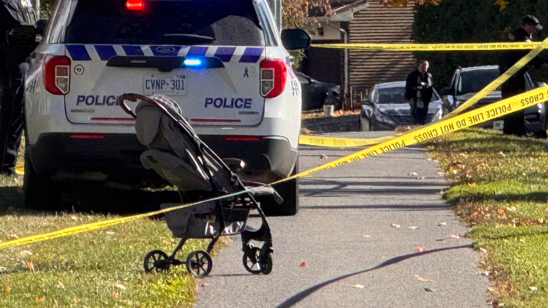 An empty child's stroller can be seen as police investigate a fatal stabbing at Paul Landry Park on Uplands Drive on Oct. 24, 2024. (Tyler Fleming/CTV News Ottawa) 