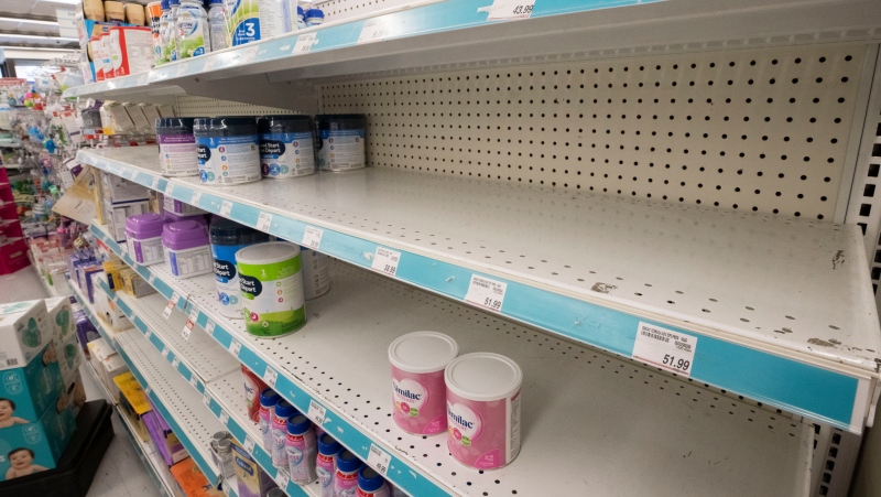 Shortages of several popular brands of infant formula are seen on the shelves of a pharmacy on Monday May 16, 2022 in Montreal. (The Canadian Press/Ryan Remiorz)