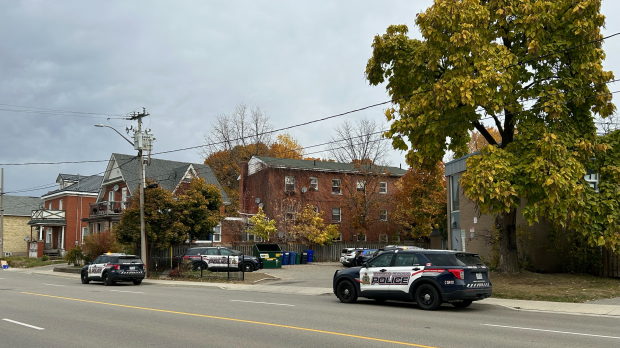 Multiple Waterloo Regional Police Service  vehicles are seen on Weber Street East in Kitchener as part of a stabbing investigation on Oct. 25, 2024. (Sidra Jafri/CTV News)