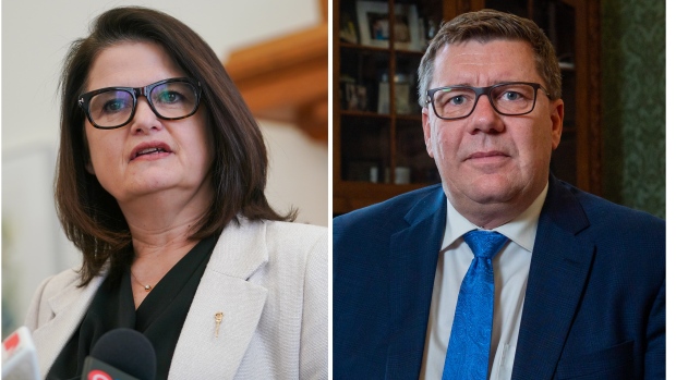 A composite image made from two file photos show Saskatchewan NDP Leader Carla Beck, left, and Saskatchewan Party Leader Scott Moe. THE CANADIAN PRESS/Heywood Yu