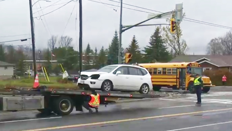 The roadway is now open after a school bus was involved in a collision Friday at the intersection of MR80 and Valleyview Road in the Valley East area of Greater Sudbury. (Pat Laframboise/CTV News)