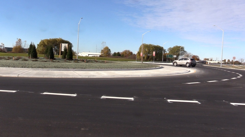 The new double-line roundabout at Centennial Avenue and Highway 3 in St. Thomas is now open, seen on Oct. 27, 2024. (Brent Lale/CTV News London) 