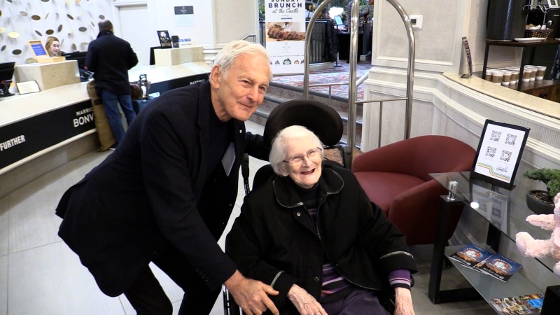 Victor Garber poses for a photo with his former teacher Marion Simpson on Sunday Oct. 27, 2024 in London, Ont. Simpson taught Garber 65-years ago at Ryerson Public School. (Brent Lale/CTV News London)