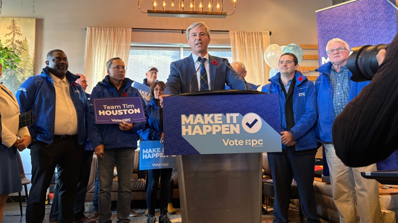 Progressive Conservative Leader Tim Houston speaks in Bedford, N.S., on Oct. 27, 2024. (Stephanie Tsicos/CTV Atlantic)