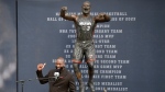 Former Miami Heat NBA basketball player Dwyane Wade speaks during his statue unveiling ceremony outside Kaseya Center, Sunday, Oct. 27, 2024, in Miami, Fla. (AP Photo/Michael Laughlin)