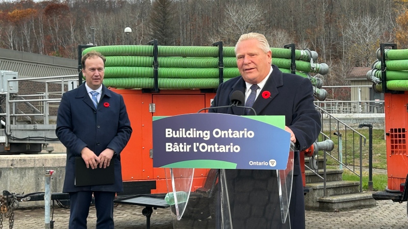 Ontario Premier Doug Ford (right) in Sudbury with Mayor Paul Lefebvre (left) to announce $34.9 million in funding for wastewater infrastructure in the communities of Lively/Walden. October 28, 2024 (Amanda Hicks/CTV Northern Ontario)