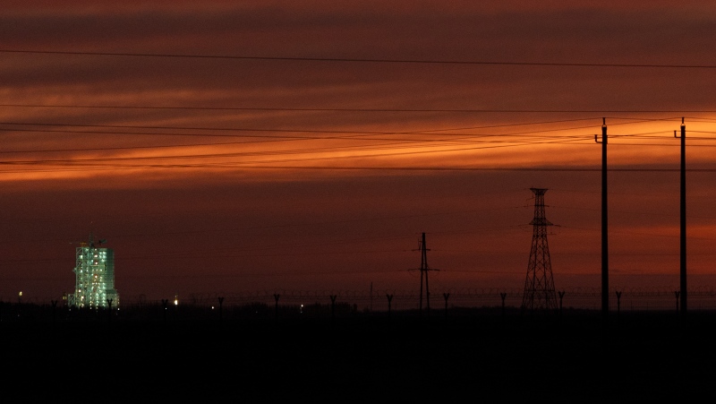 The launch pad for the Shenzhou-19 mission, left, is seen during day break at the Jiuquan Satellite Launch Center in Jiuquan, northwest China Tuesday, Oct. 29, 2024. (AP Photo/Ng Han Guan)
