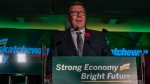 Re-elected Saskatchewan Premier Scott Moe speaks to media, following his party winning a majority government in the provincial election, in Shellbrook, Sask. on Tuesday, October 29, 2024. THE CANADIAN PRESS/Liam Richards