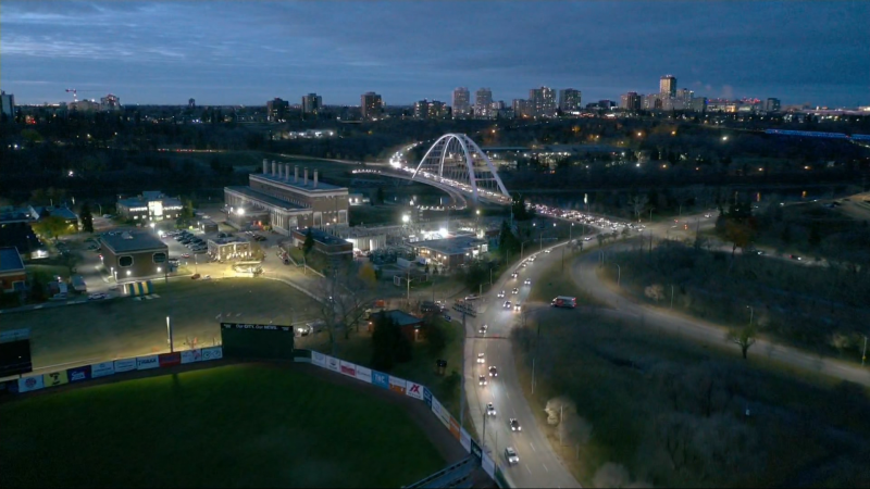 An aerial image of Walterdale Bridge and downtown Edmonton's skyline taken over Re/Max Field the morning of Oct. 29, 2024. (Cam Wiebe / CTV News Edmonton) 