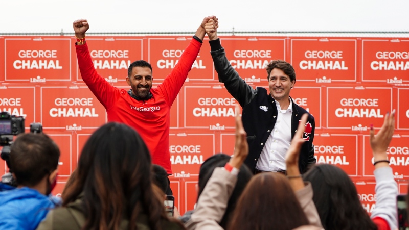 Liberal Leader Justin Trudeau holds a campaign event in Calgary, Alberta, on Thursday, Aug 19, 2021. He's joined by Liberal candidate for Calgary Skyview, George Chahal. THE CANADIAN PRESS/Sean Kilpatrick