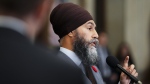 NDP Leader Jagmeet Singh speaks to reporters in the foyer of the House of Commons on Parliament Hill in Ottawa, Wednesday, Oct. 30, 2023. (THE CANADIAN PRESS/Sean Kilpatrick)