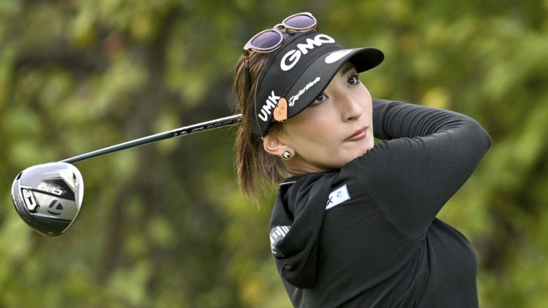 Hana Wakimoto of Japan plays a shot during the first round of the LPGA's Toto Classic at Seta Golf Course in Shiga, central Japan Thursday, Oct. 31, 2024.(Kyodo News via AP)