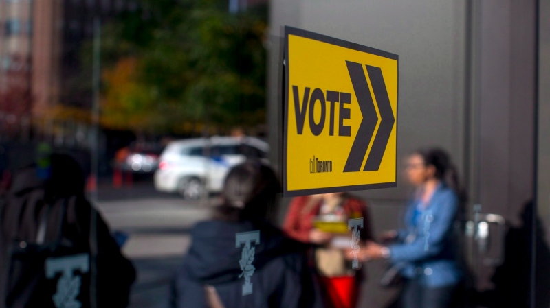 Voters line up outside a voting station to cast their ballot in the Toronto's municipal election in Toronto on Monday, October 22, 2018. THE CANADIAN PRESS/Chris Young 