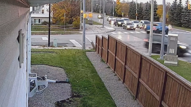 Home surveillance video captures the moment two pedestrians were struck by an oncoming pickup truck on Wed., Oct. 30, 2024, in Barrie, Ont. (Source: Facebook)